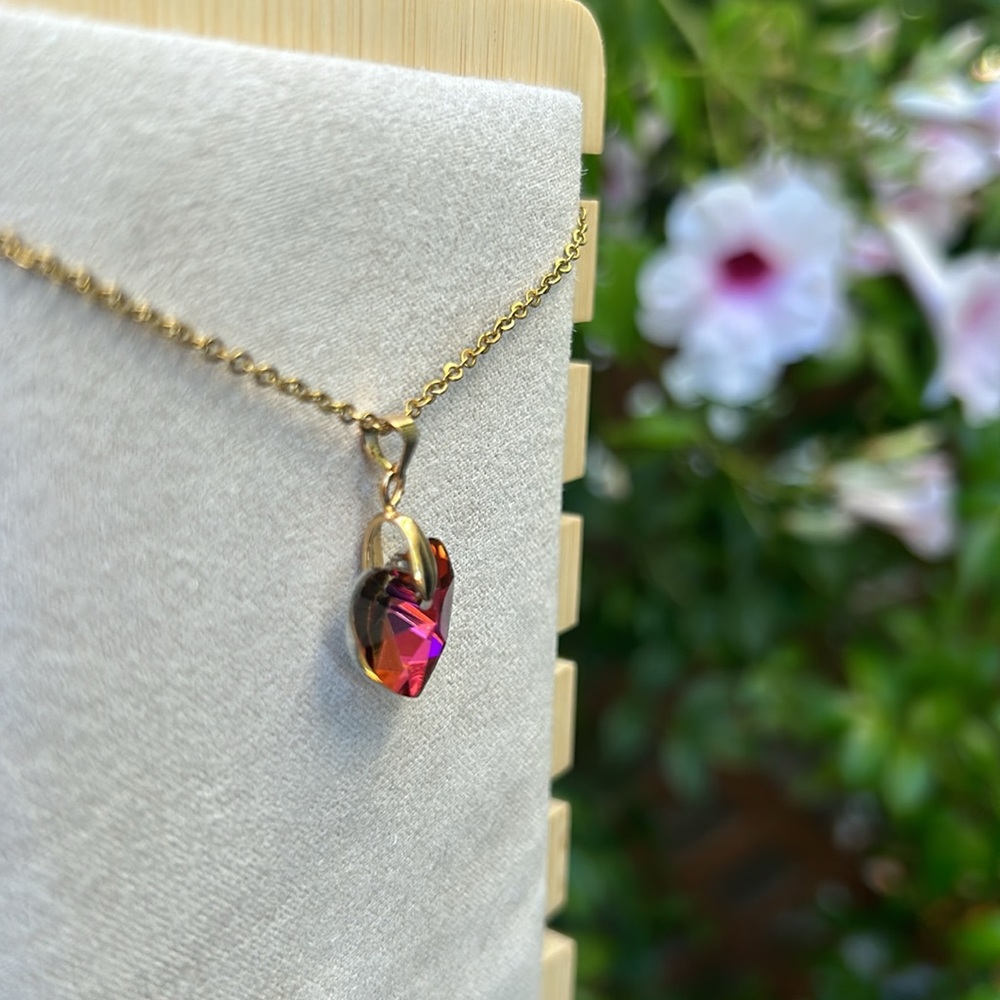 Violet Pink + Gold Crystal Heart Pendant Necklace - Picture 6 of 8